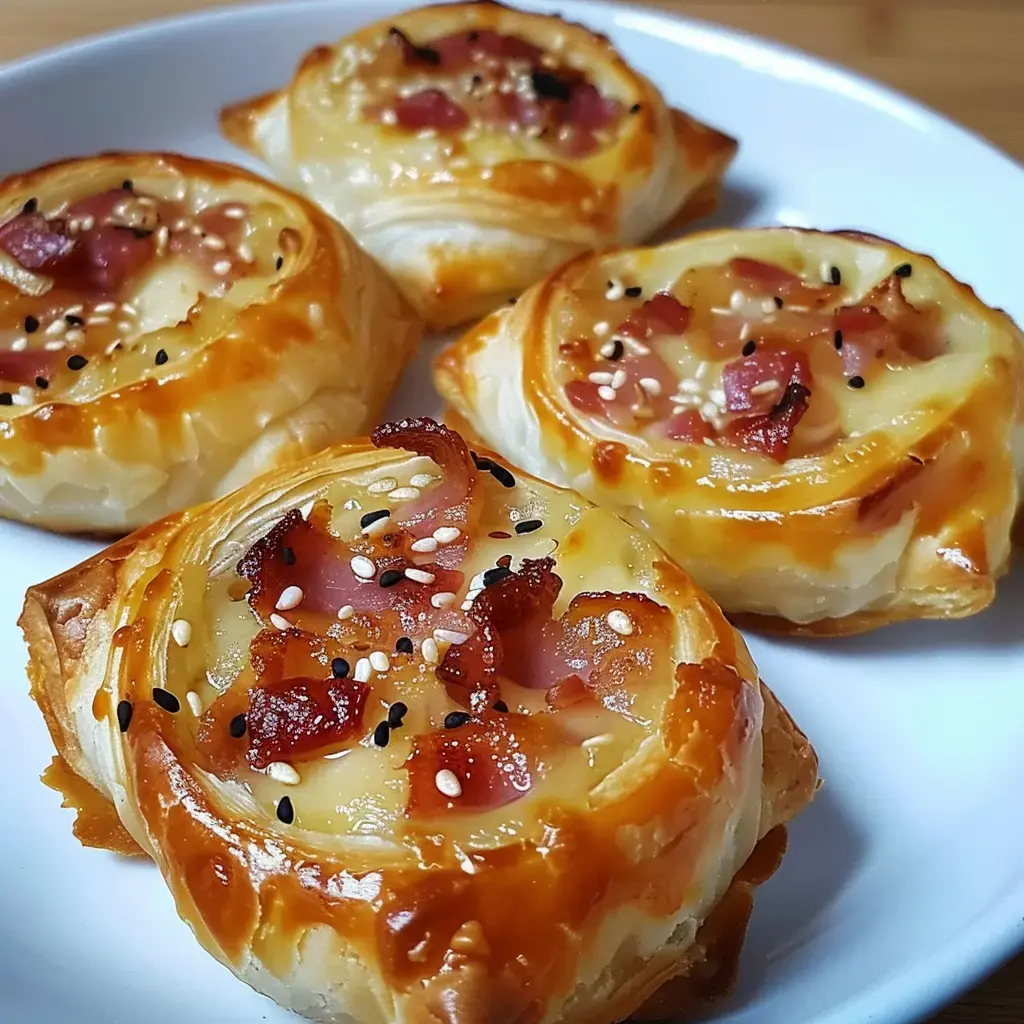 Quatre feuilletés garnis de fromage fondant et de lardons bien dorés, saupoudrés de graines sur une assiette blanche.