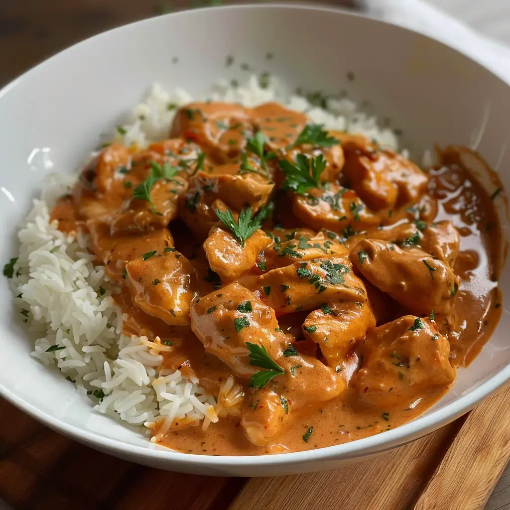 Poulet en sauce crémeuse servi sur du riz blanc et garni de persil frais.