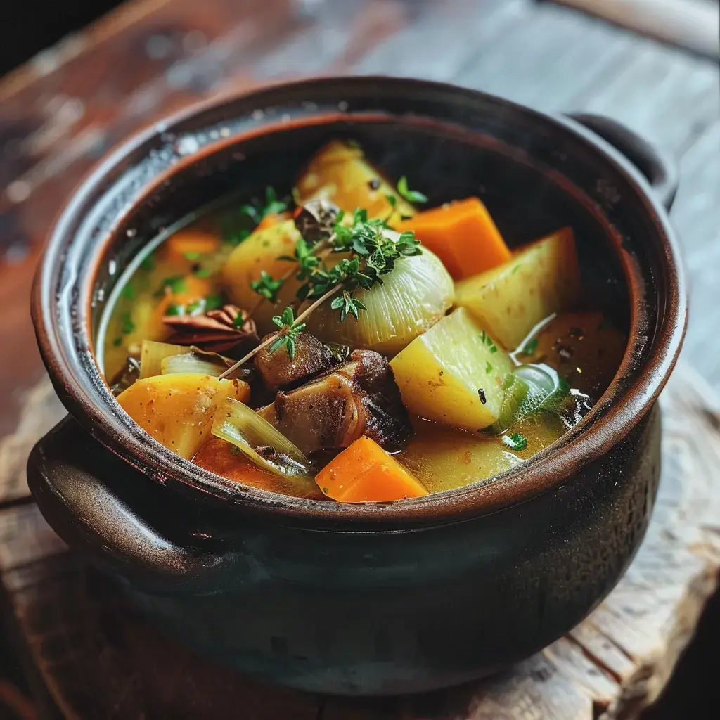 Un plat fumant de bœuf, légumes et bouillon, sur une table rustique en bois.