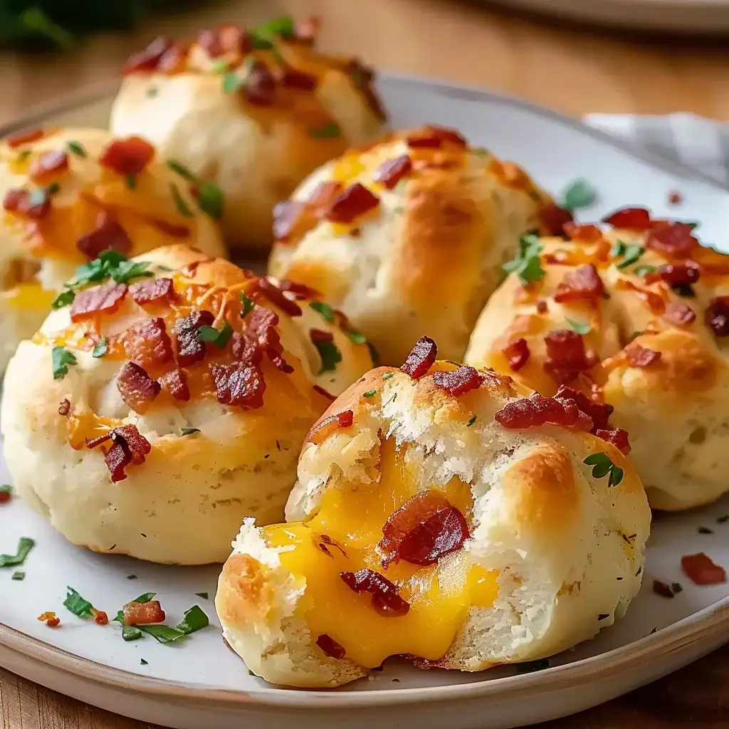Bouchées gourmandes garnies de fromage et bacon, décorées de persil, sur un plat.