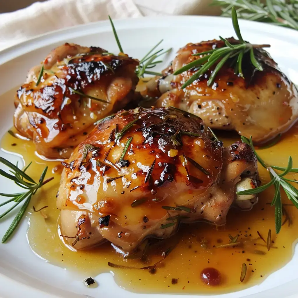 Cuisse de poulet rôti au miel, accompagnée d’herbes fraîches et nappée de sauce dorée.