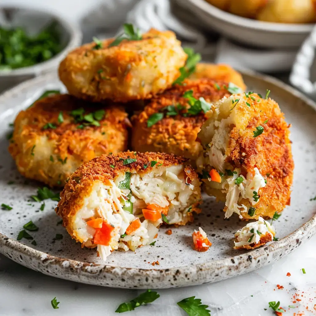 Des croquettes dorées au cœur fondant de poulet et légumes, servies sur une assiette.