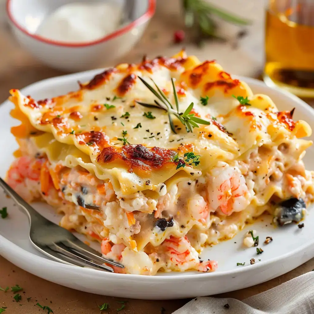 Lasagnes avec fruits de mer, croûte dorée et herbes fraîches.