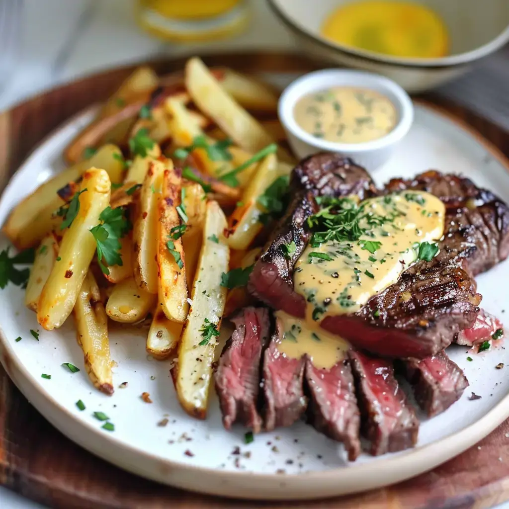 Steak tendre accompagné de frites dorées et d'une sauce crémeuse, le tout décoré d'herbes fraîches.