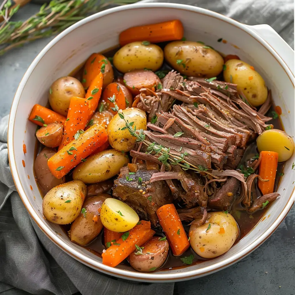 Assiette de bœuf braisé avec carottes, pommes de terre et herbes fraîches.