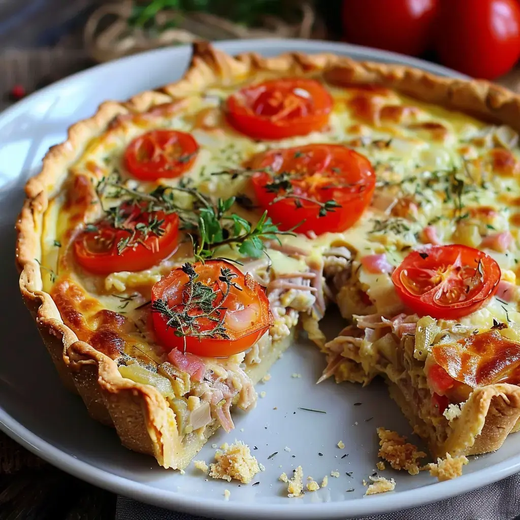 Tarte salée avec tomates fraîches, herbes, et morceaux de viande sur une pâte dorée.