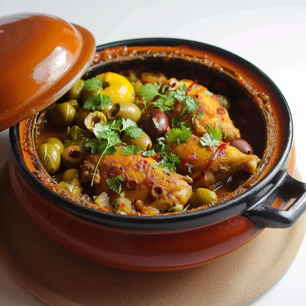 Un tajine marocain de poulet avec des olives et une touche citronnée, servi dans une vaisselle traditionnelle.