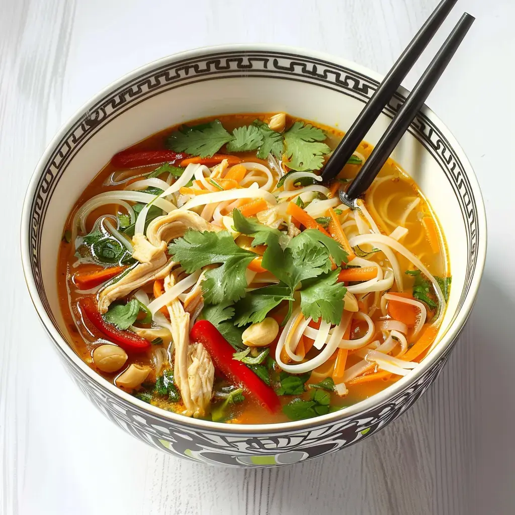 Un bol de nouilles parfumées, garni de poulet, de légumes croquants et de coriandre fraîche.