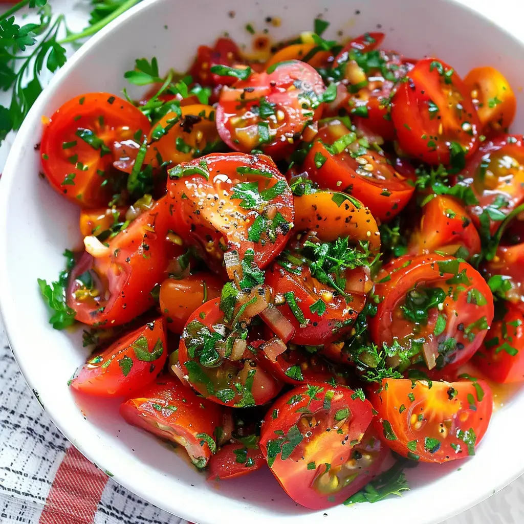 Des tomates en morceaux, avec persil, oignons, et des épices.