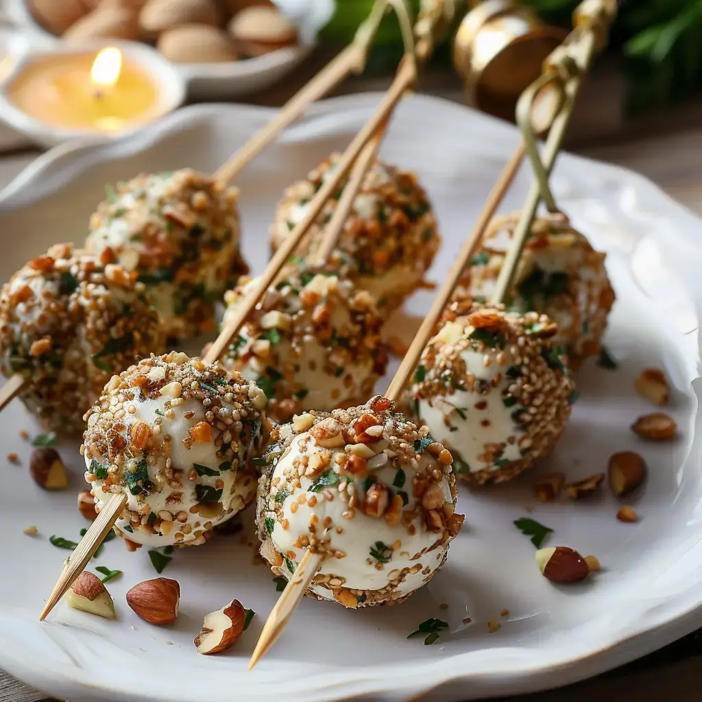 Petites boulettes de fromage roulées dans des graines et noix, posées joliment sur des piques en bois.