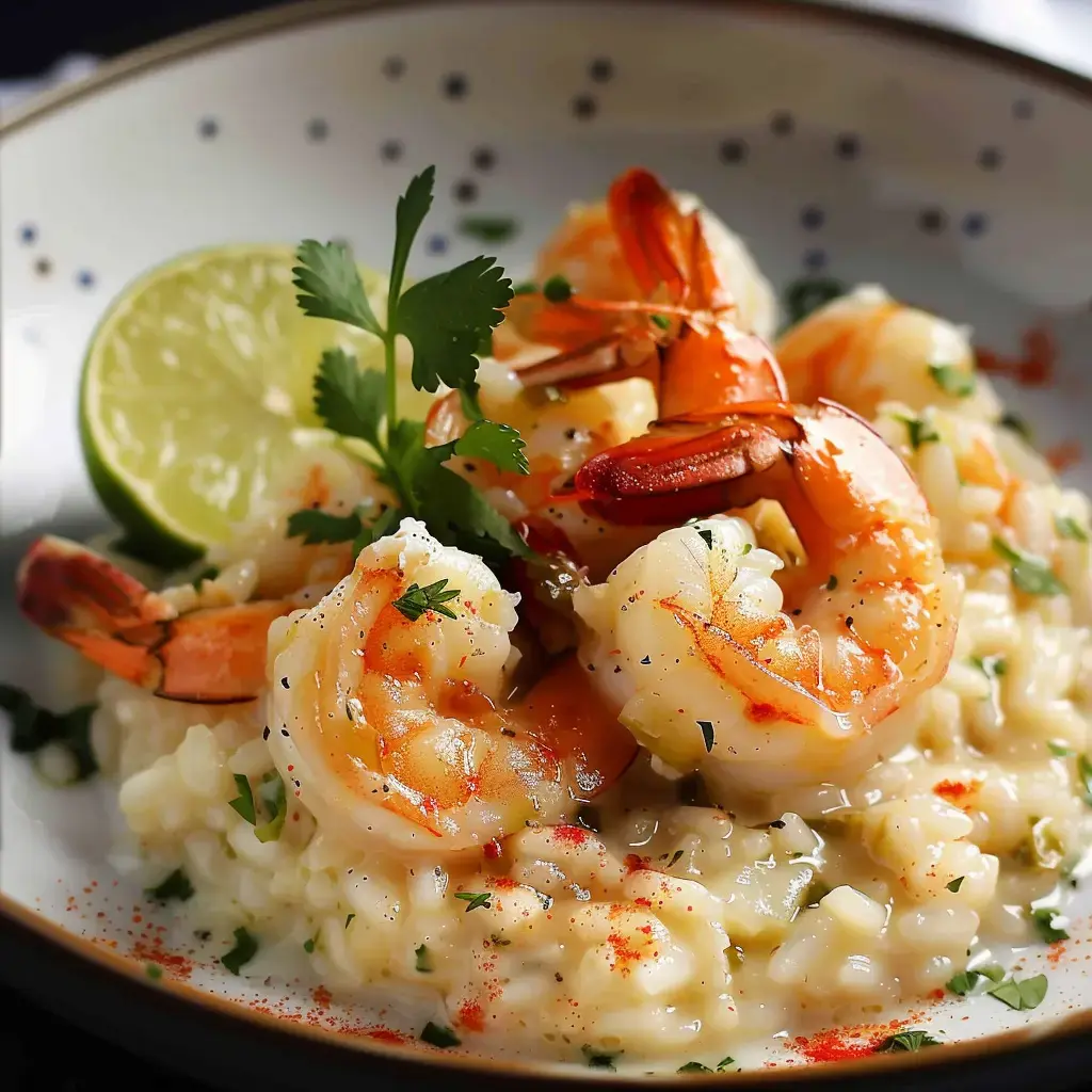 Un risotto bien crémeux avec des crevettes, une tranche de citron vert et quelques feuilles de coriandre.