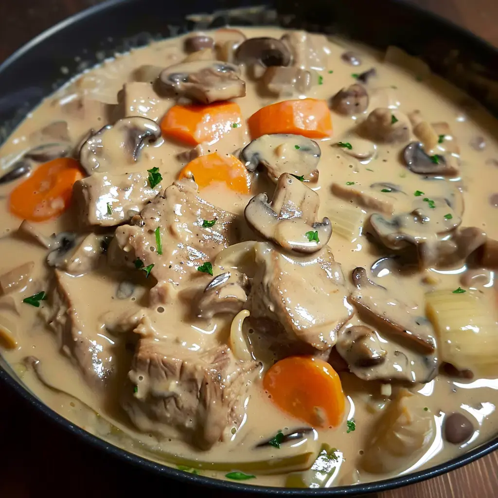Un plat délicat avec morceaux de viande, champignons et carottes dans une sauce savoureuse.