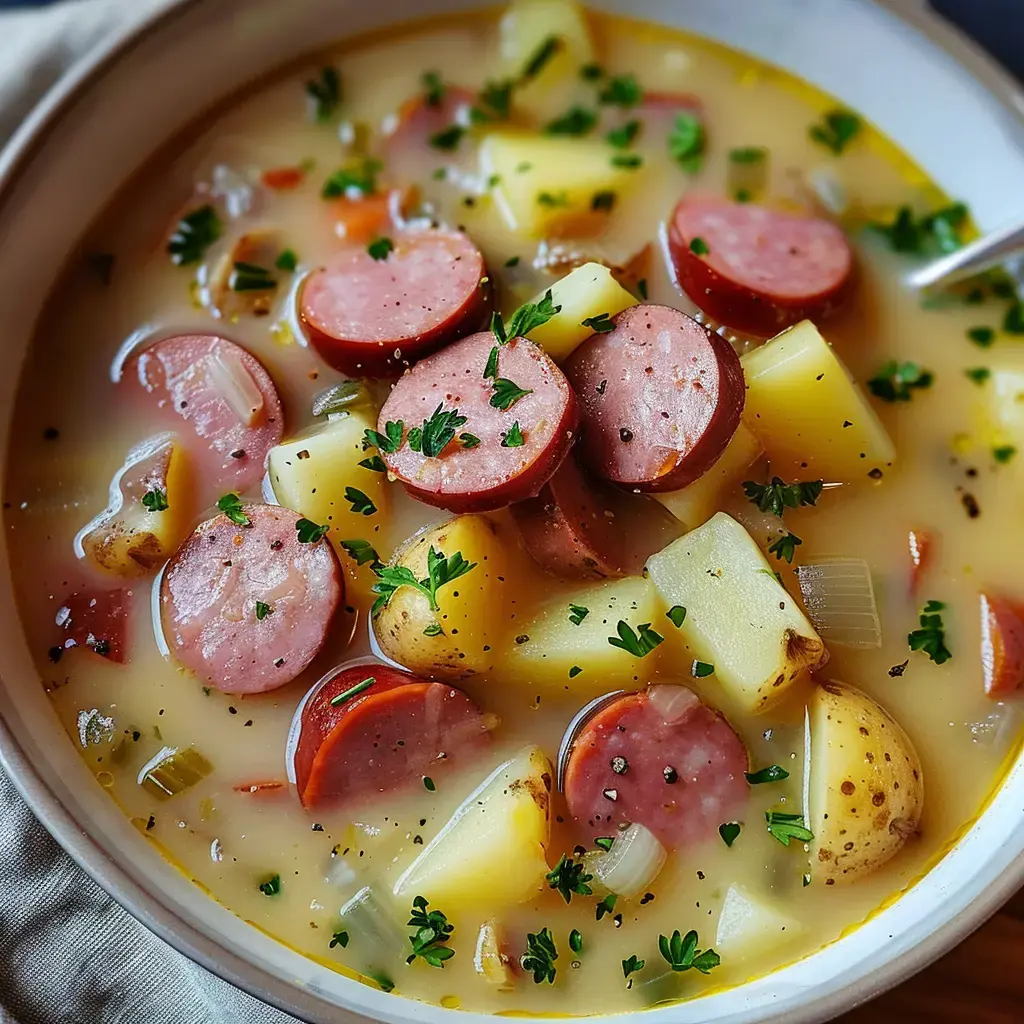 Des morceaux de pommes de terre, saucisses et herbes fraîches dans une soupe crémeuse.