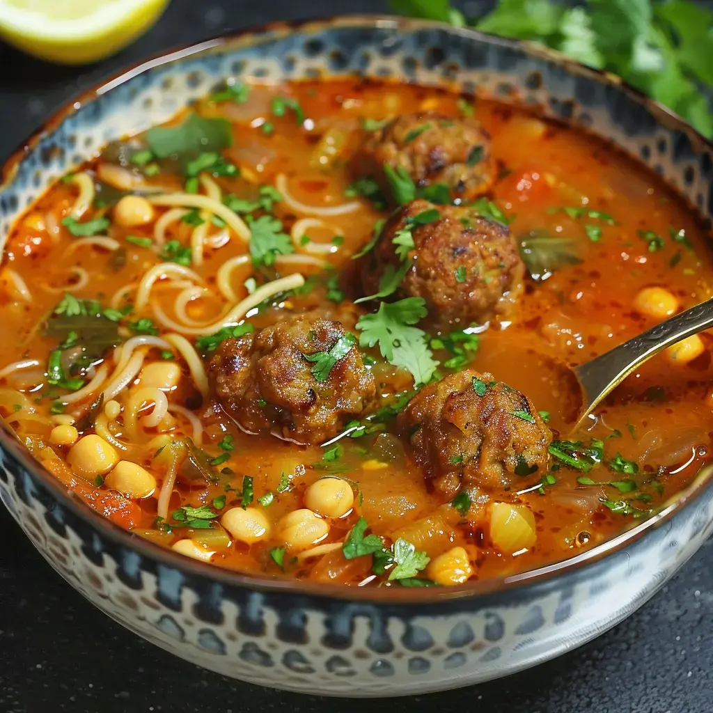 Bol gourmand de harira marocaine, bouillon parfumé aux épices, boulettes, et pois chiches.