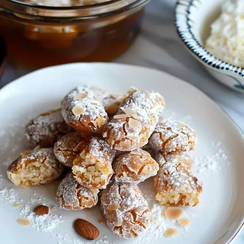 Des douceurs italiennes poudrées reposent sur une assiette. À côté, des amandes entières et un pot de miel.