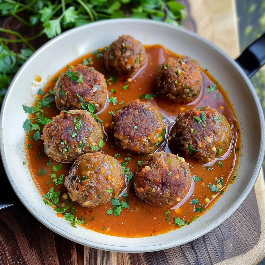 Assiette de boulettes végétariennes aux épices et coriandre, servies en sauce.