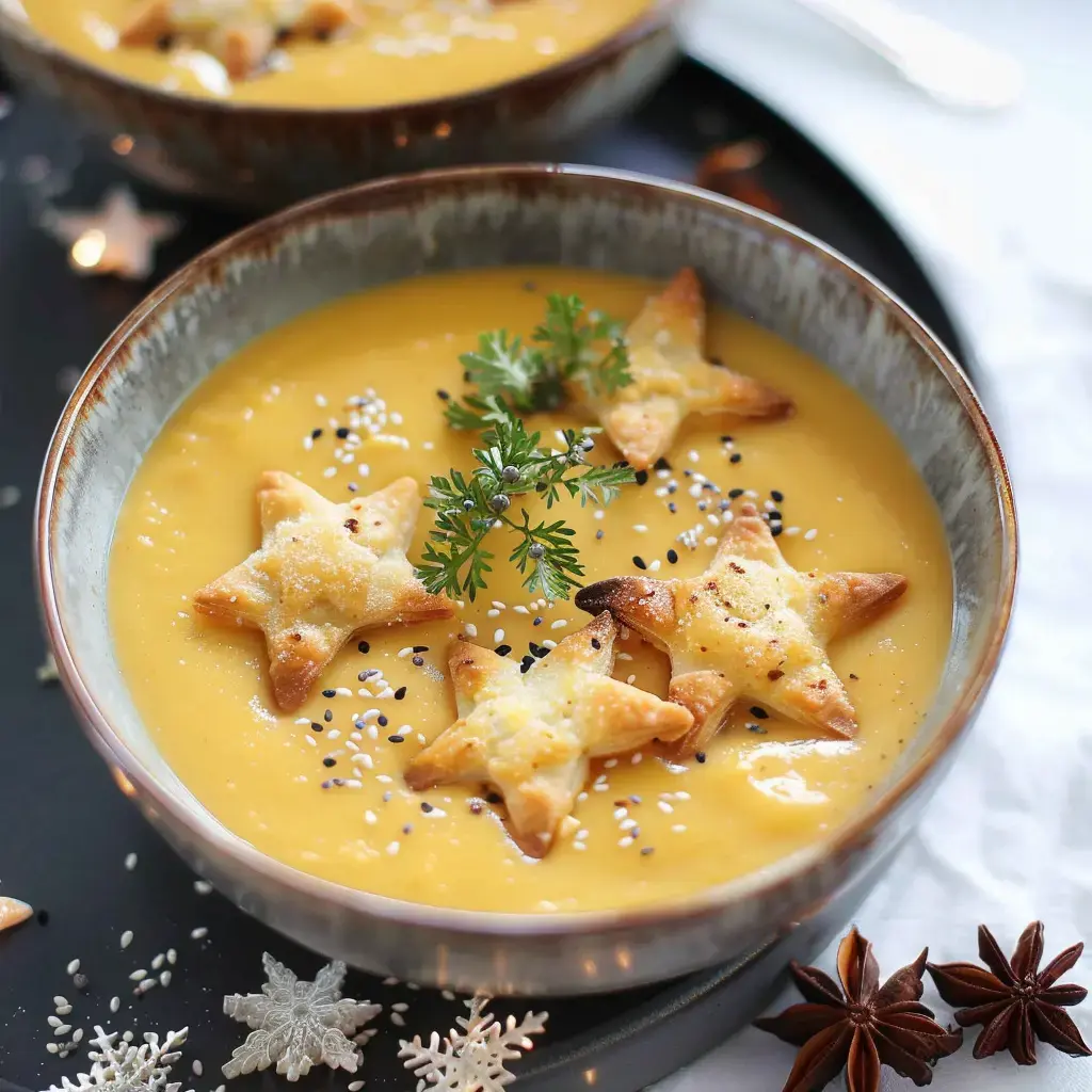 Un velouté onctueux jaune garni d'étoiles feuilletées, parsemé de graines et décoré d'une branche.