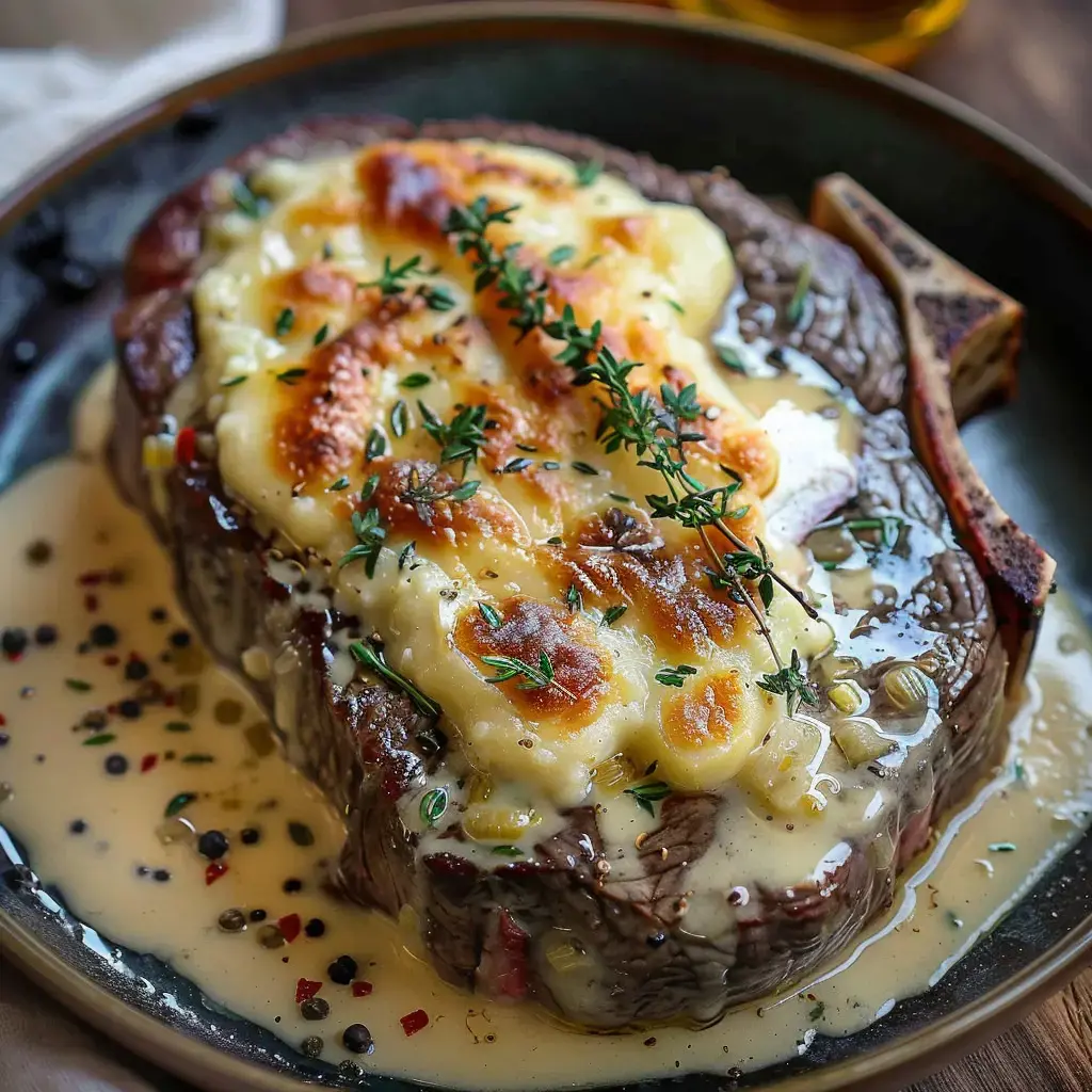 Assiette de viande avec sauce crémeuse et fromage doré, décorée de thym.