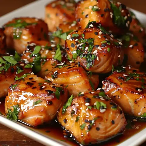 Morceaux de saumon nappés de sauce brillante, parsemés d'herbes fraîches et de graines de sésame.