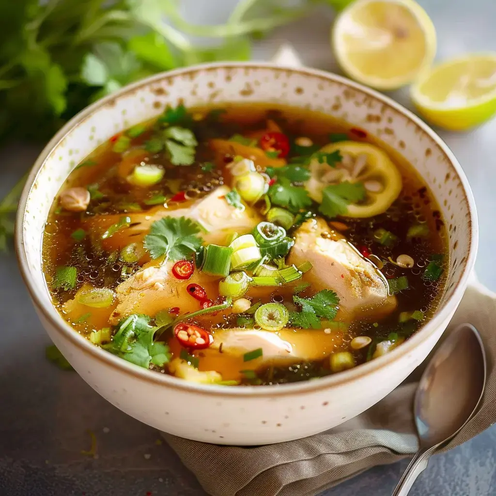 Un bol fumant de soupe au poulet avec du gingembre, de la coriandre et une touche de citron, accompagné de piments et d'oignons verts.