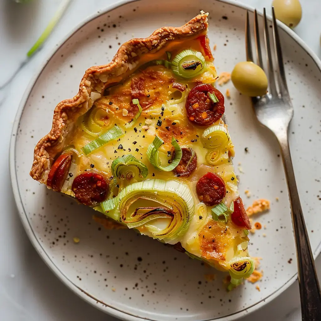 Une belle quiche dorée avec poireaux et chorizo, servie sur une assiette avec une fourchette à côté.