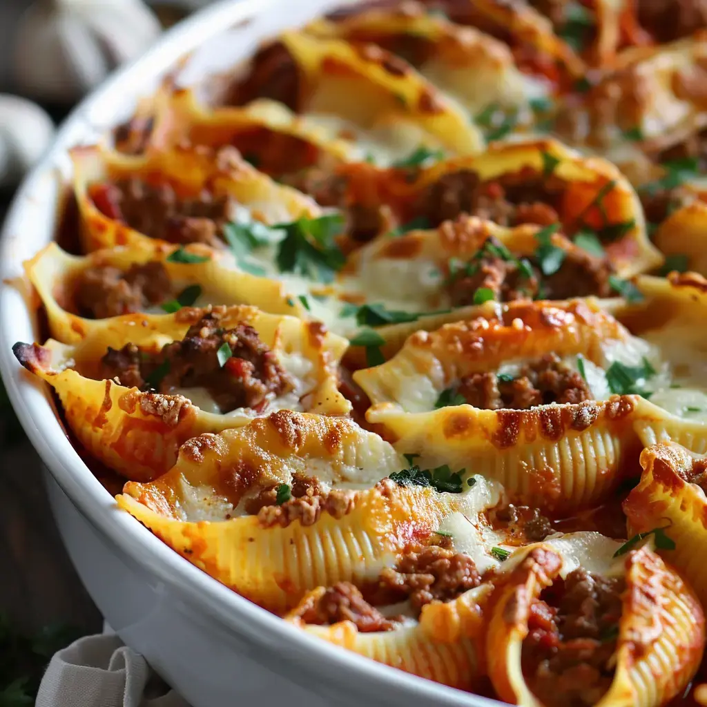 Un plat de pâtes rempli de viande et fromage, nappé de sauce tomate et parsemé de persil frais.