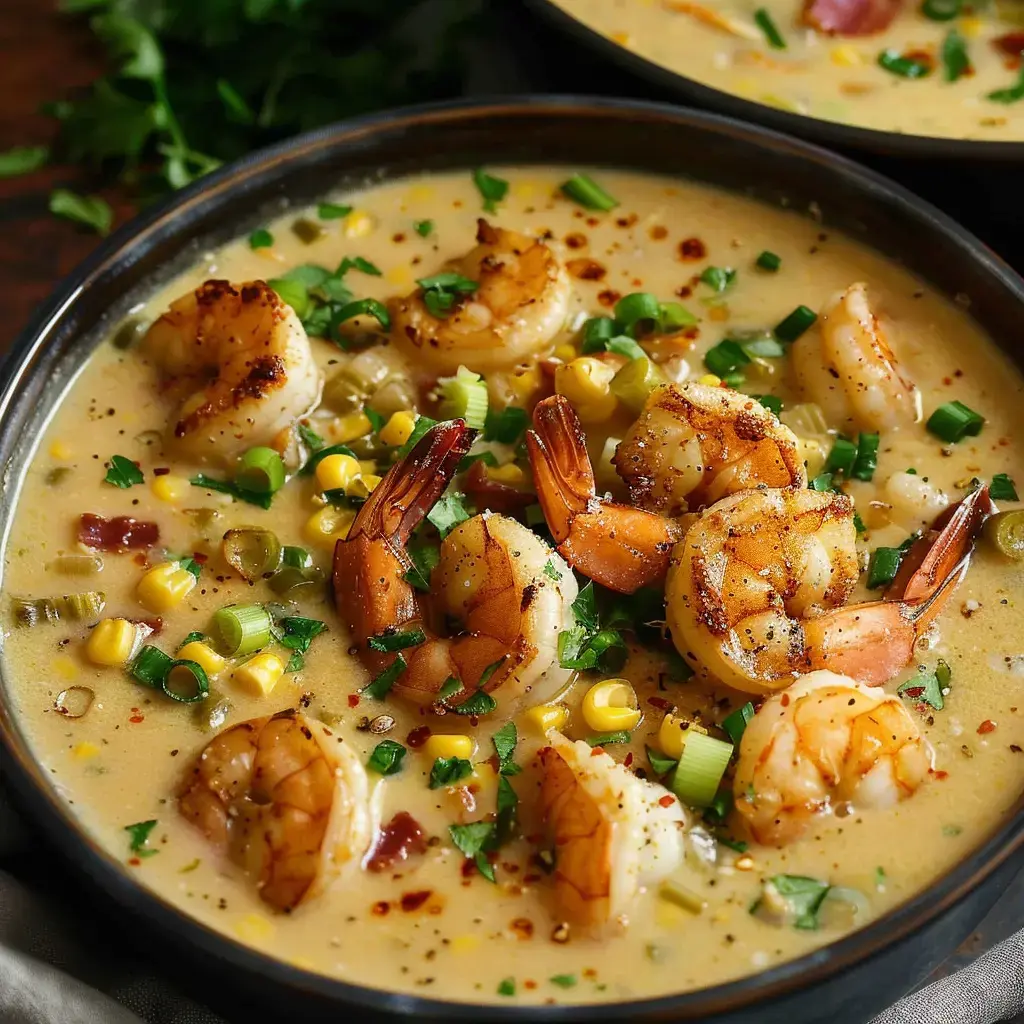 Bol de soupe cajun crémeuse avec crevettes, maïs tendre et garniture d'herbes fraîches.