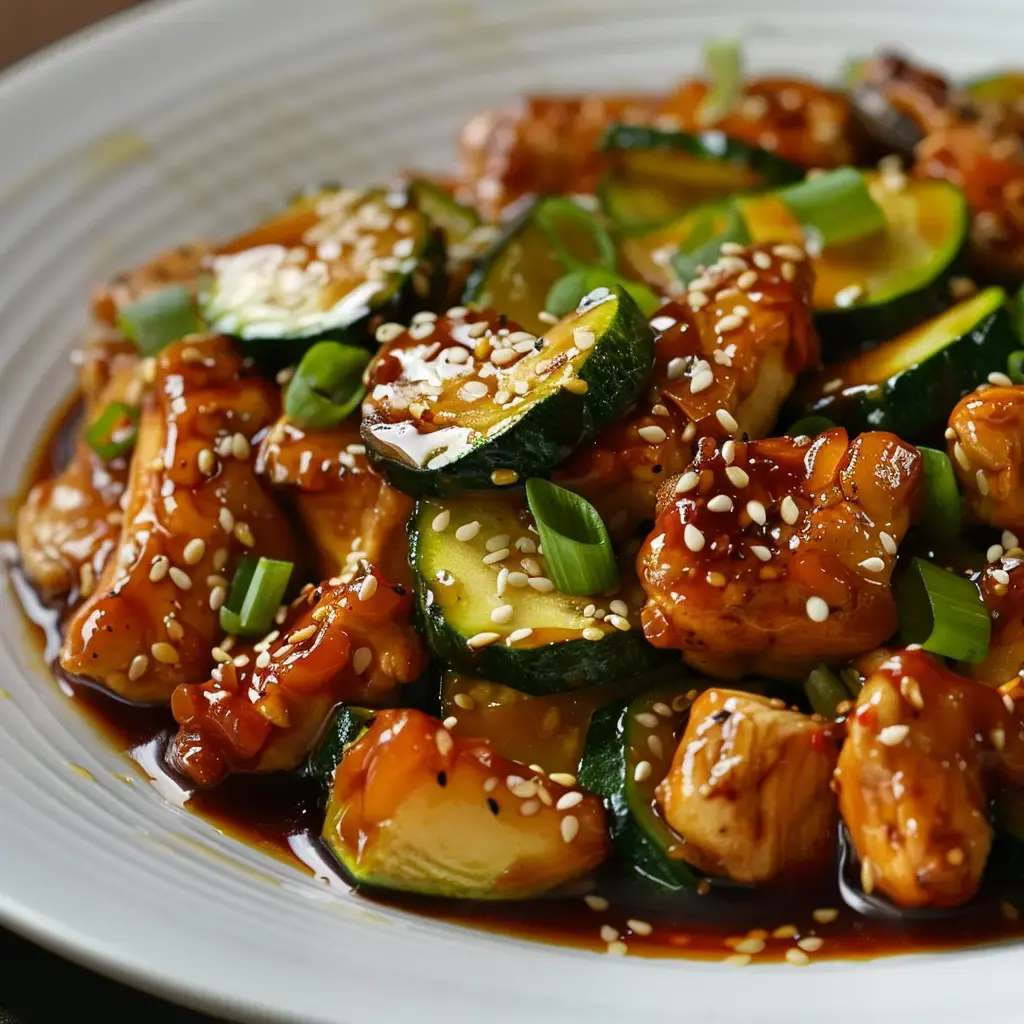 Un sauté de poulet et courgettes avec des graines de sésame et oignons verts.