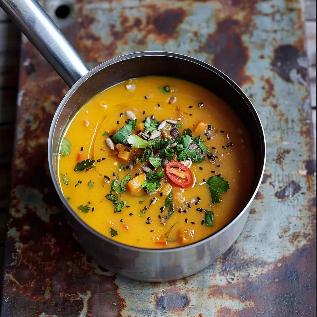 Casserole de potage orangé garnie de coriandre, piment et graines sur une surface vieillie.