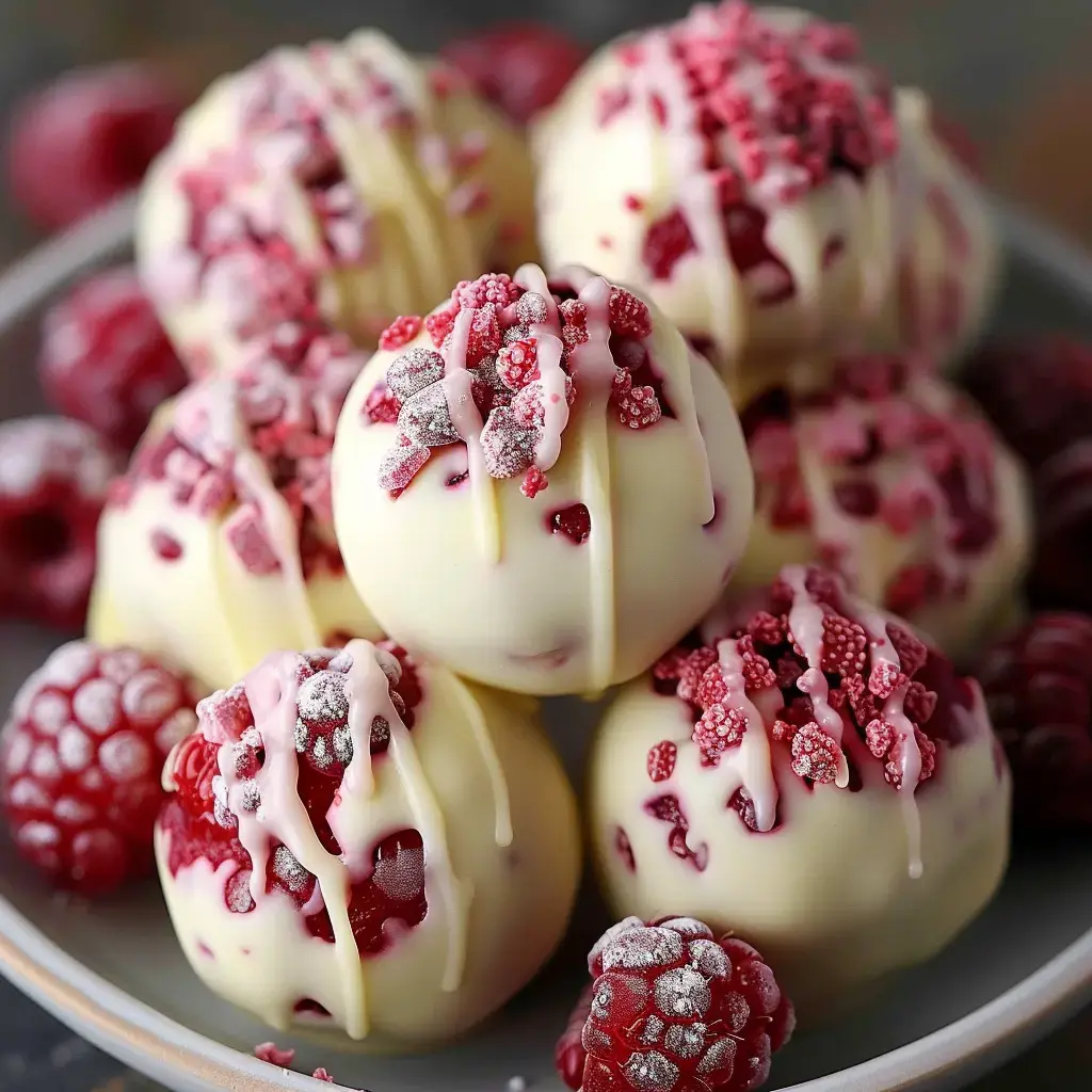 Petites boules blanches garnies de framboises avec des éclats colorés, servies sur une jolie assiette.