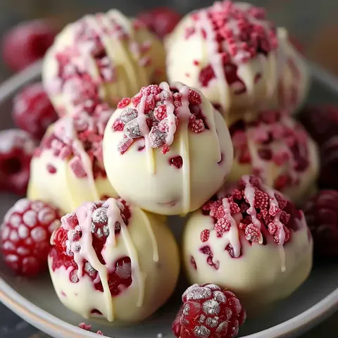 Petites boules blanches garnies de framboises avec des éclats colorés, servies sur une jolie assiette.