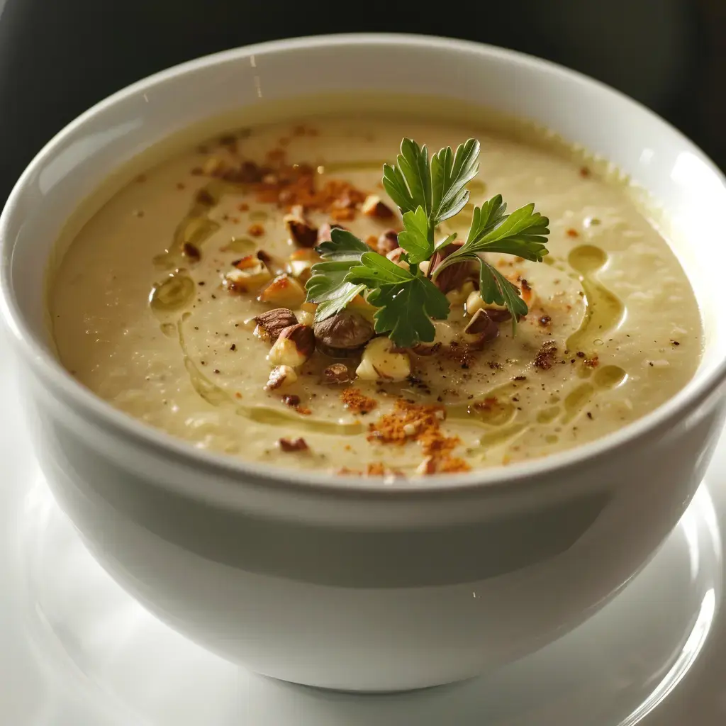 Assiette de soupe crémeuse avec éclats de noisette, un filet d'huile d'olive et une pincée de paprika.