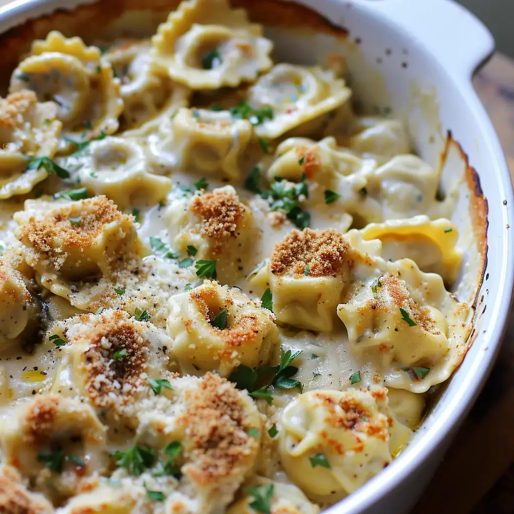 Un délicieux plat de pâtes gratinées avec une sauce très crémeuse, garni de chapelure et de persil frais.