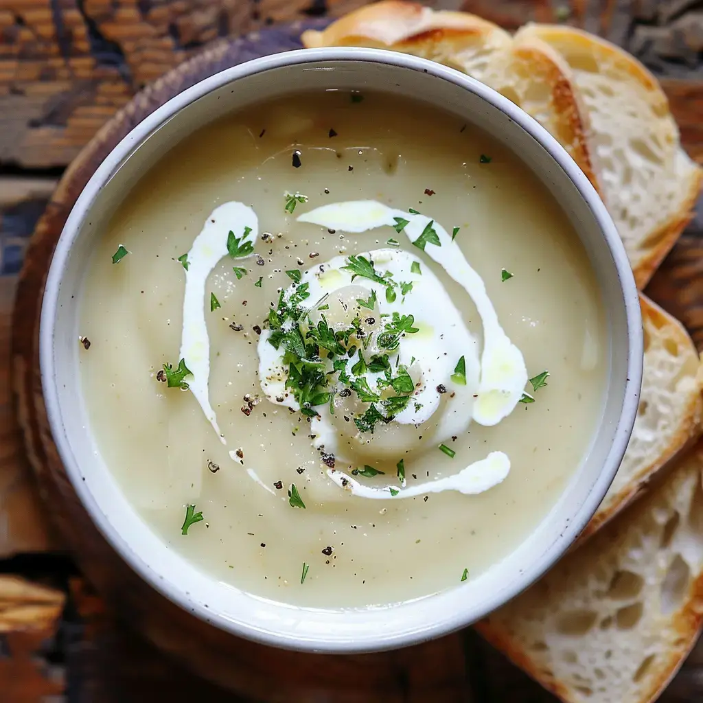Un bol velouté avec crème et persil, accompagné de morceaux de pain.