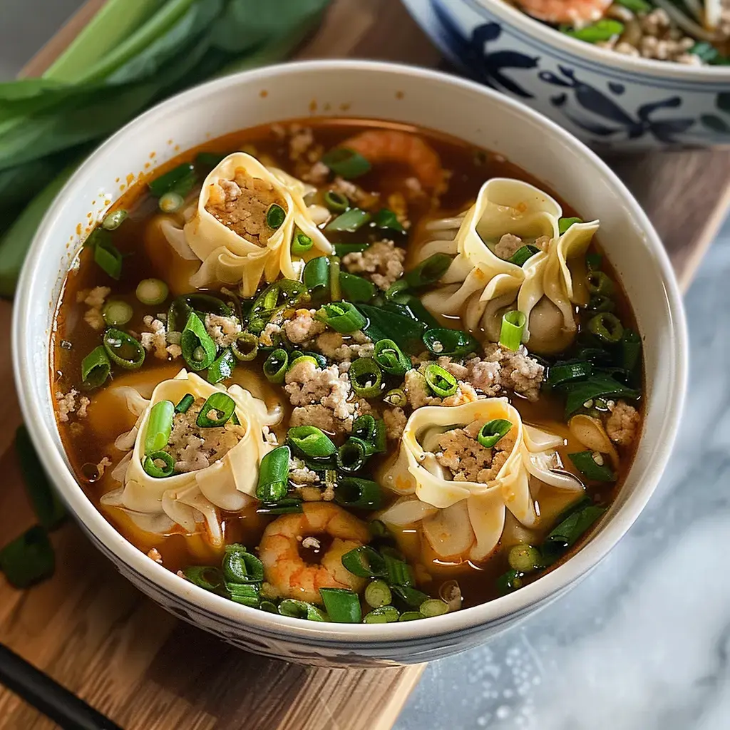 Bol rempli de raviolis farcis, crevettes, oignons verts et bouillon savoureux.