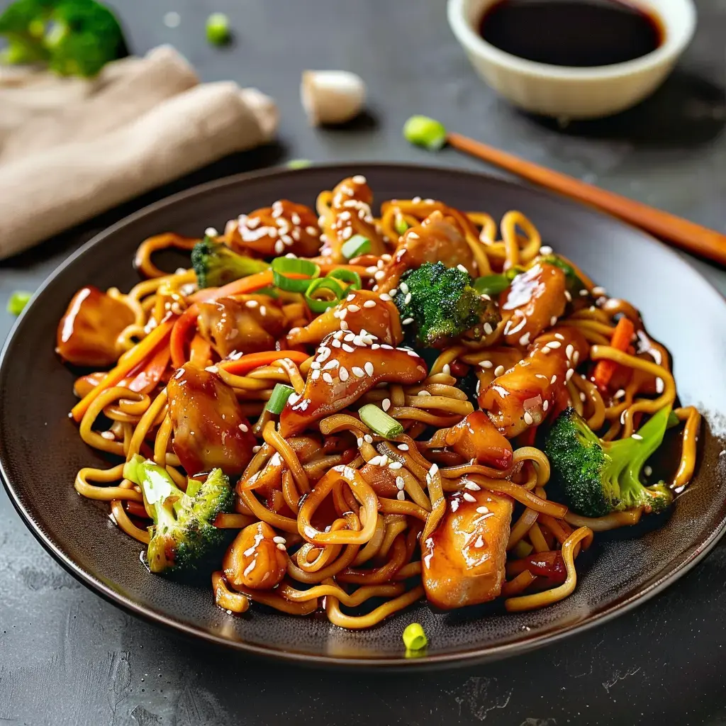 Un bol de nouilles mélangées avec du poulet, des morceaux de brocolis, des carottes râpées et des oignons verts, le tout saupoudré de sésame.