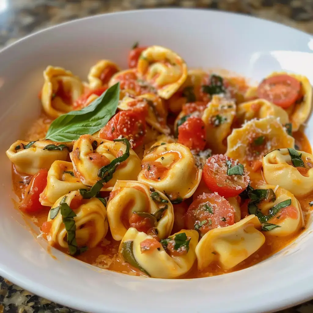 Un bol de tortellini dans une sauce onctueuse avec des tomates cerises et du basilic.