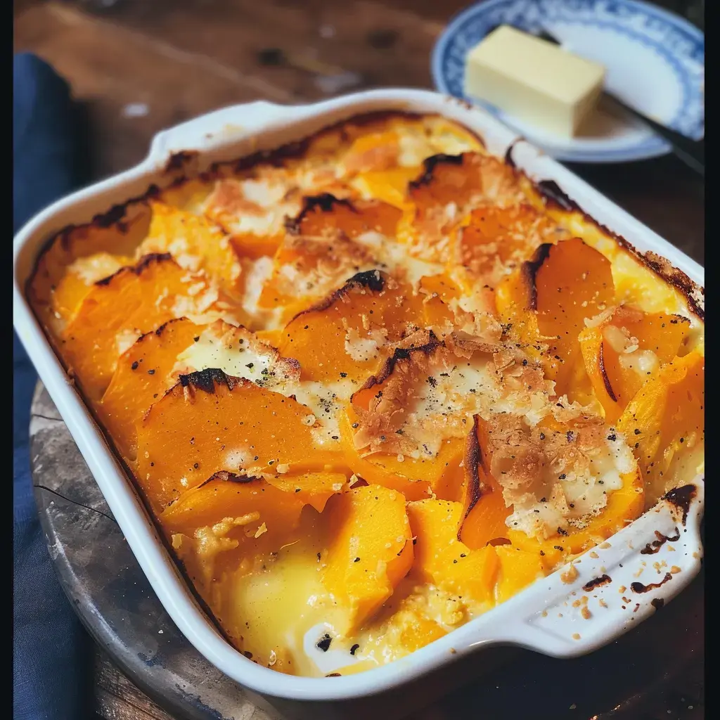 Un gratin fumant, avec une croûte dorée et un morceau de beurre à côté. Le tout sur une table d'automne.