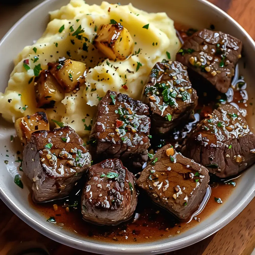 Portion de viande tendre avec purée et pommes dorées fondantes.