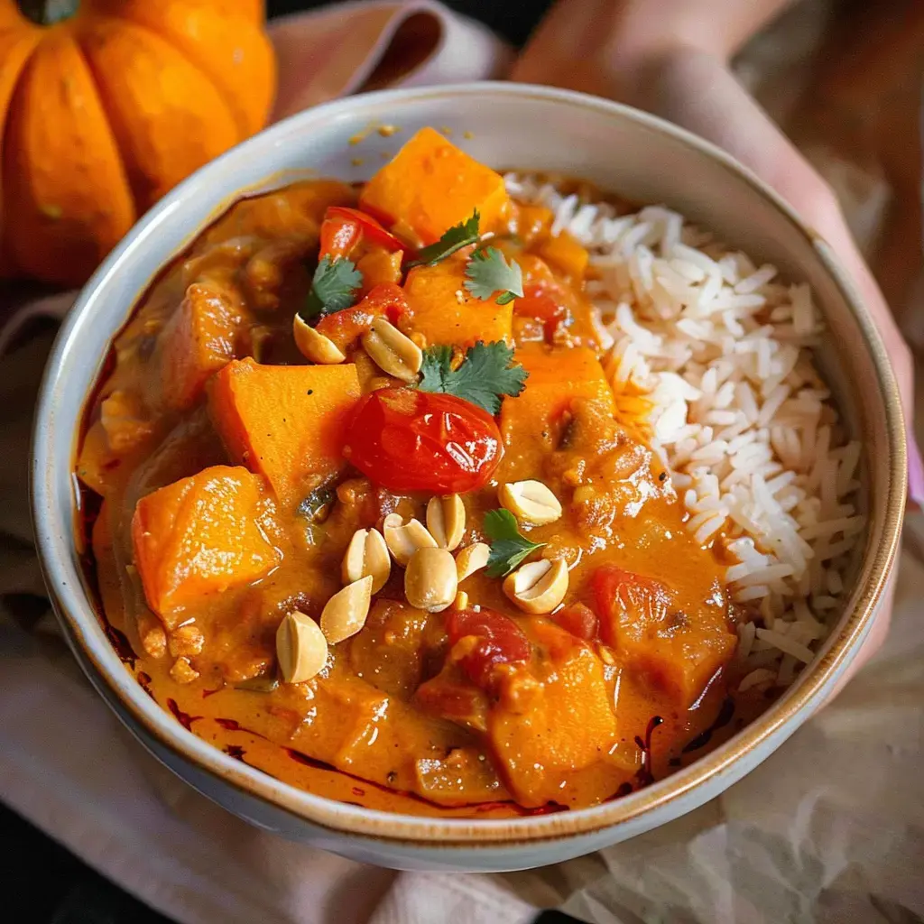 Assiette de curry de potimarron avec du riz blanc, des tomates cerises, et coriandre, le tout décoré d’une petite courge.