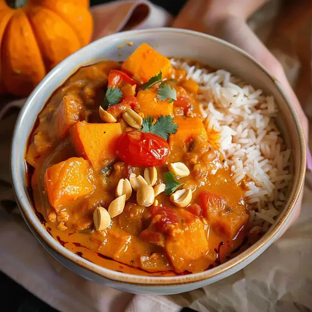 Assiette de curry de potimarron avec du riz blanc, des tomates cerises, et coriandre, le tout décoré d’une petite courge.