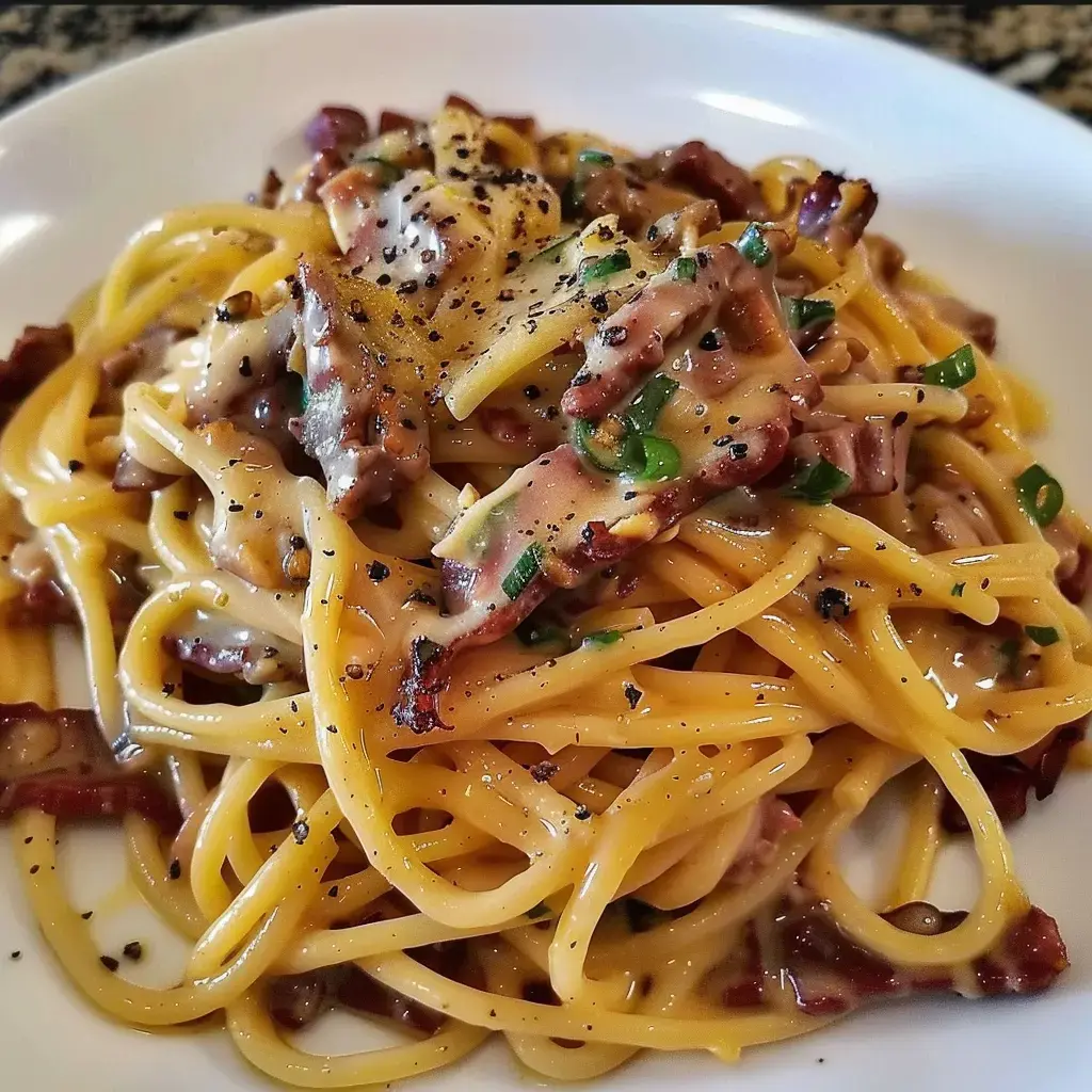 Des spaghetti nappés de sauce crémeuse avec bacon et agrémentés d’oignons verts, saupoudrés de poivre noir.
