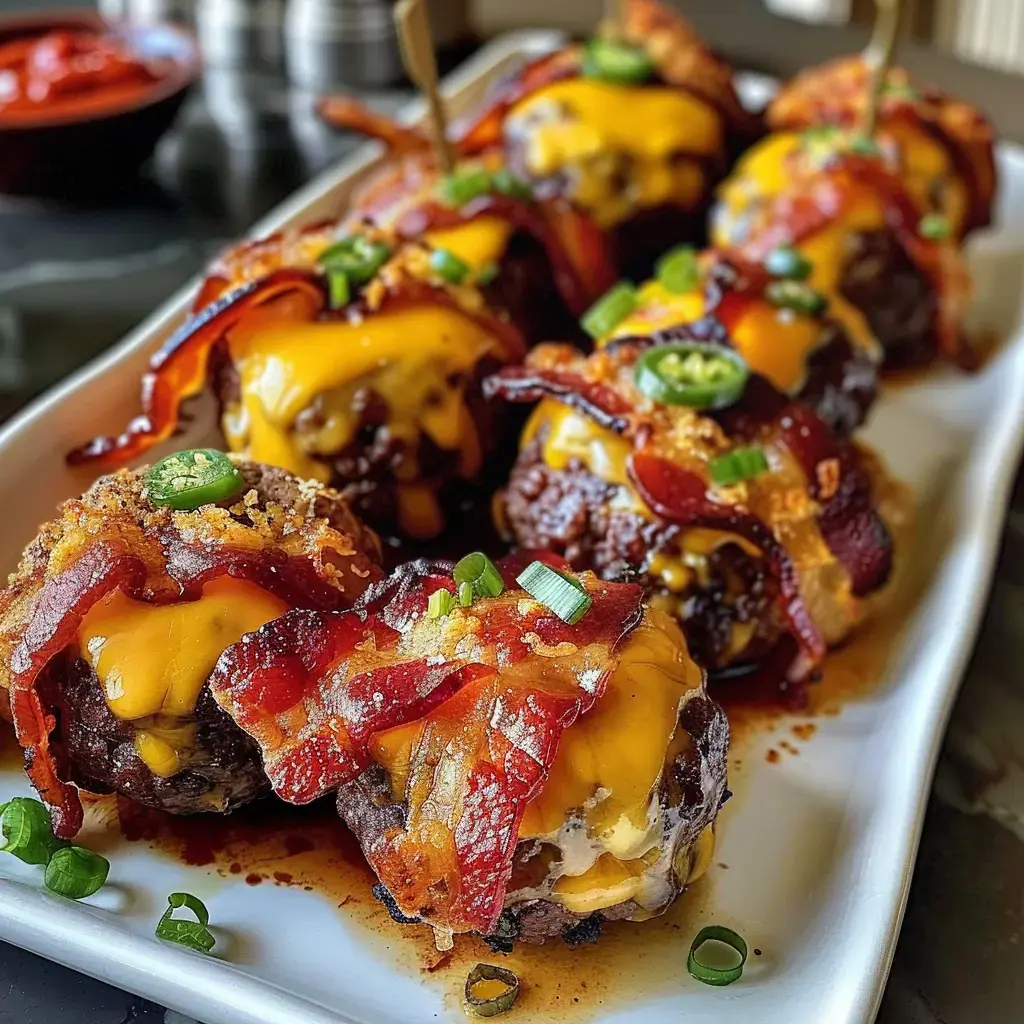 Boulettes de viande roulées dans du bacon croustillant, garnies de fromage cheddar et servies avec une touche de légumes verts sur un plat.