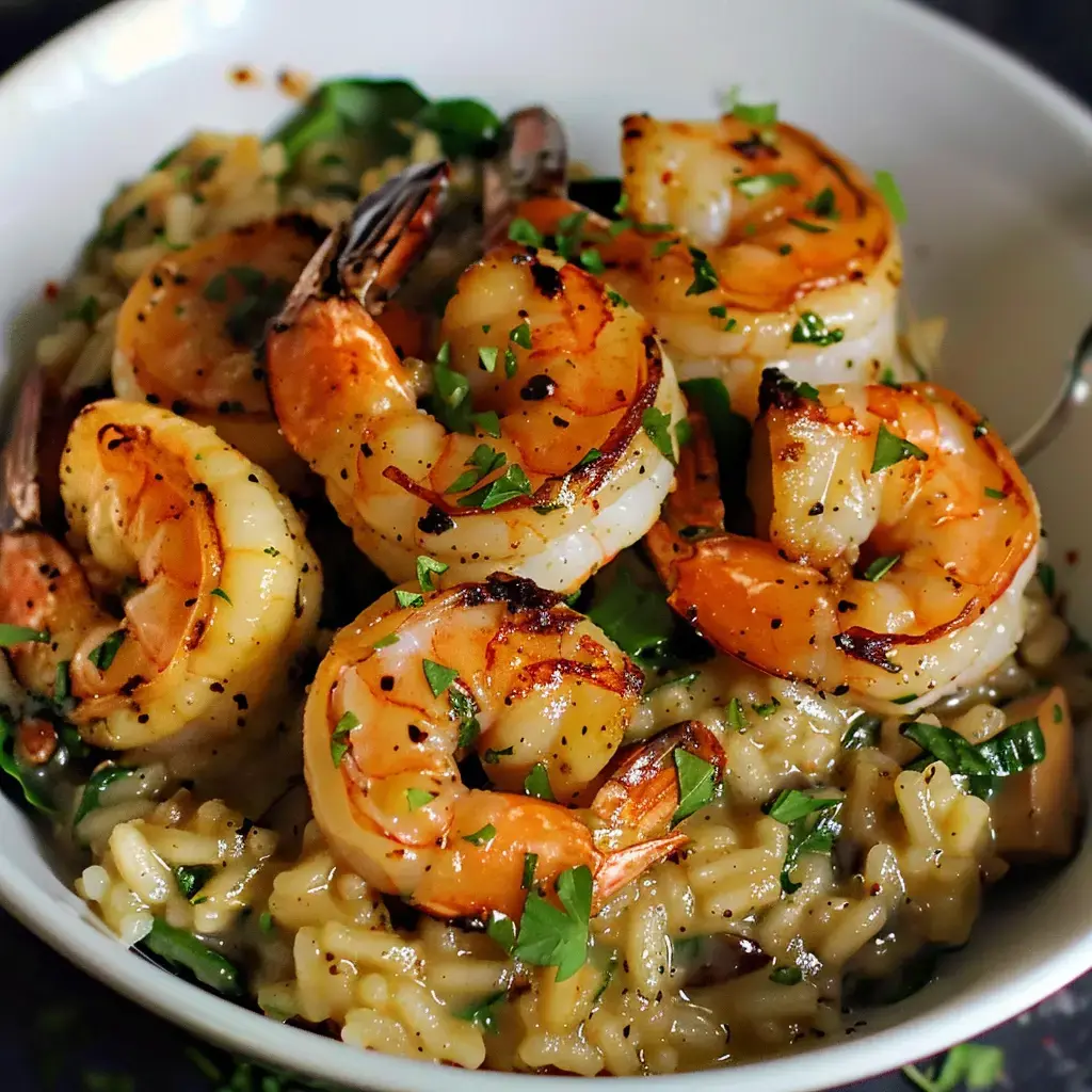 Un bol de risotto onctueux décoré de crevettes grillées et de persil frais haché.