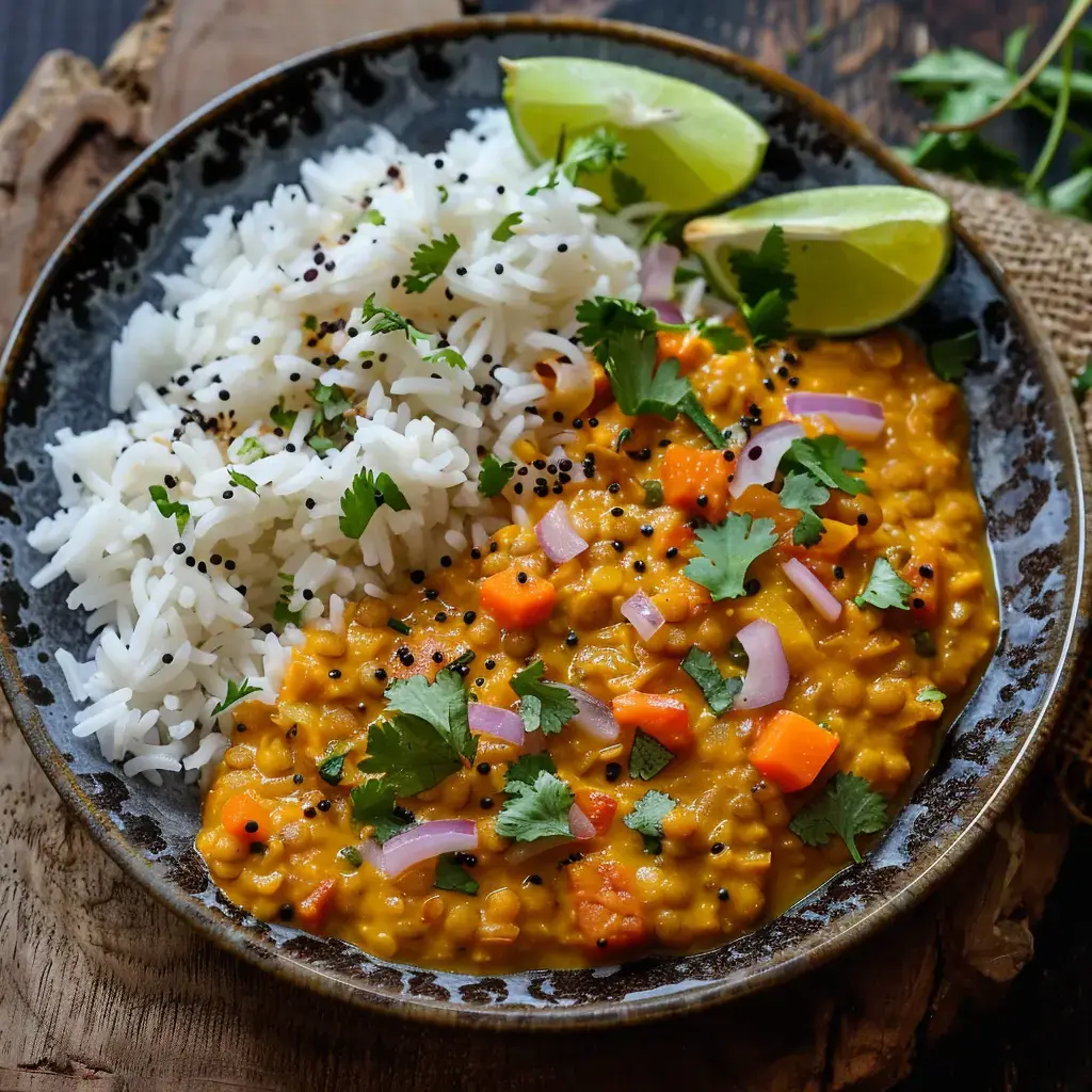Plat de lentilles avec riz, coriandre et citron vert.