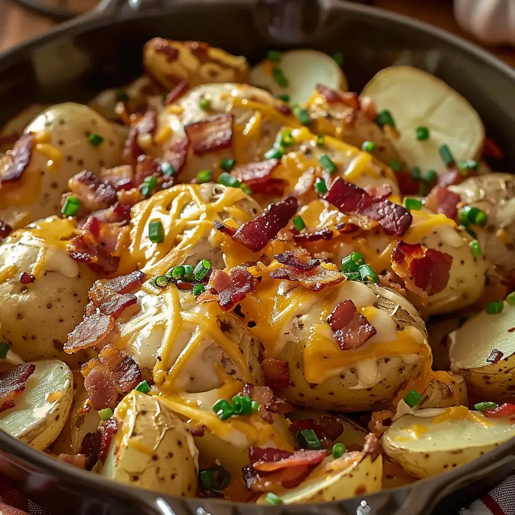 Plat de pommes de terre gratiné avec fromage et bacon dorés.