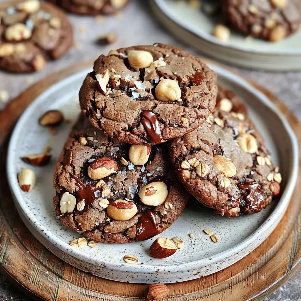 Un plateau de biscuits maison au chocolat et noisettes, agrémentés de céréales, prêts à être dégustés.