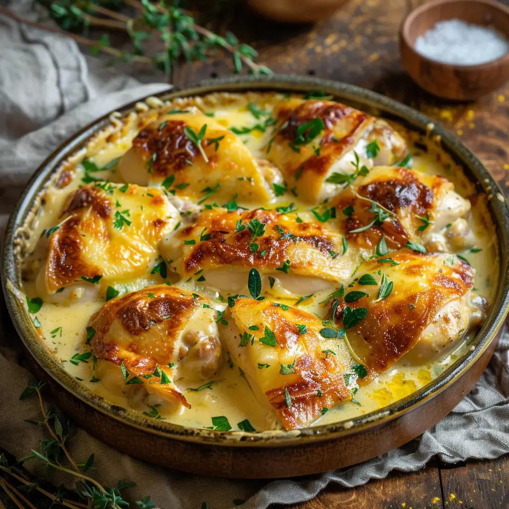 Poulet gratiné avec sauce crémeuse et comté doré au four, parsemé de persil frais.