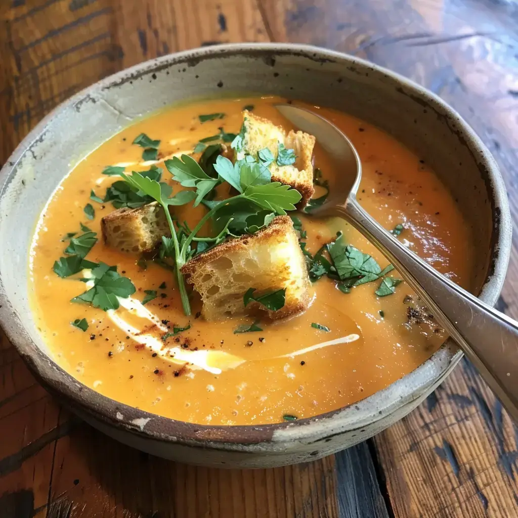 Un bol de velouté orange accompagné de morceaux de pain grillé et de feuilles vertes sur une table en bois.
