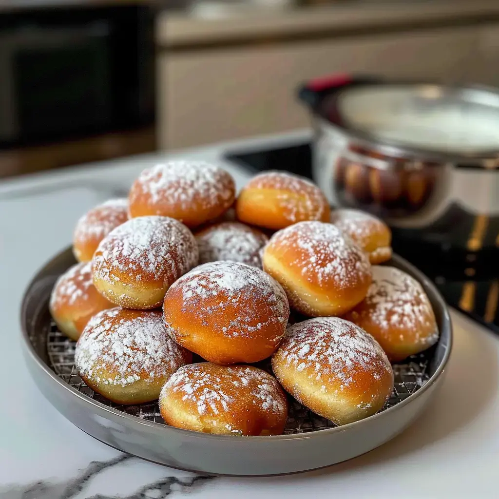 Une pile de beignets recouverts de sucre glace, avec une casserole en arrière-plan.